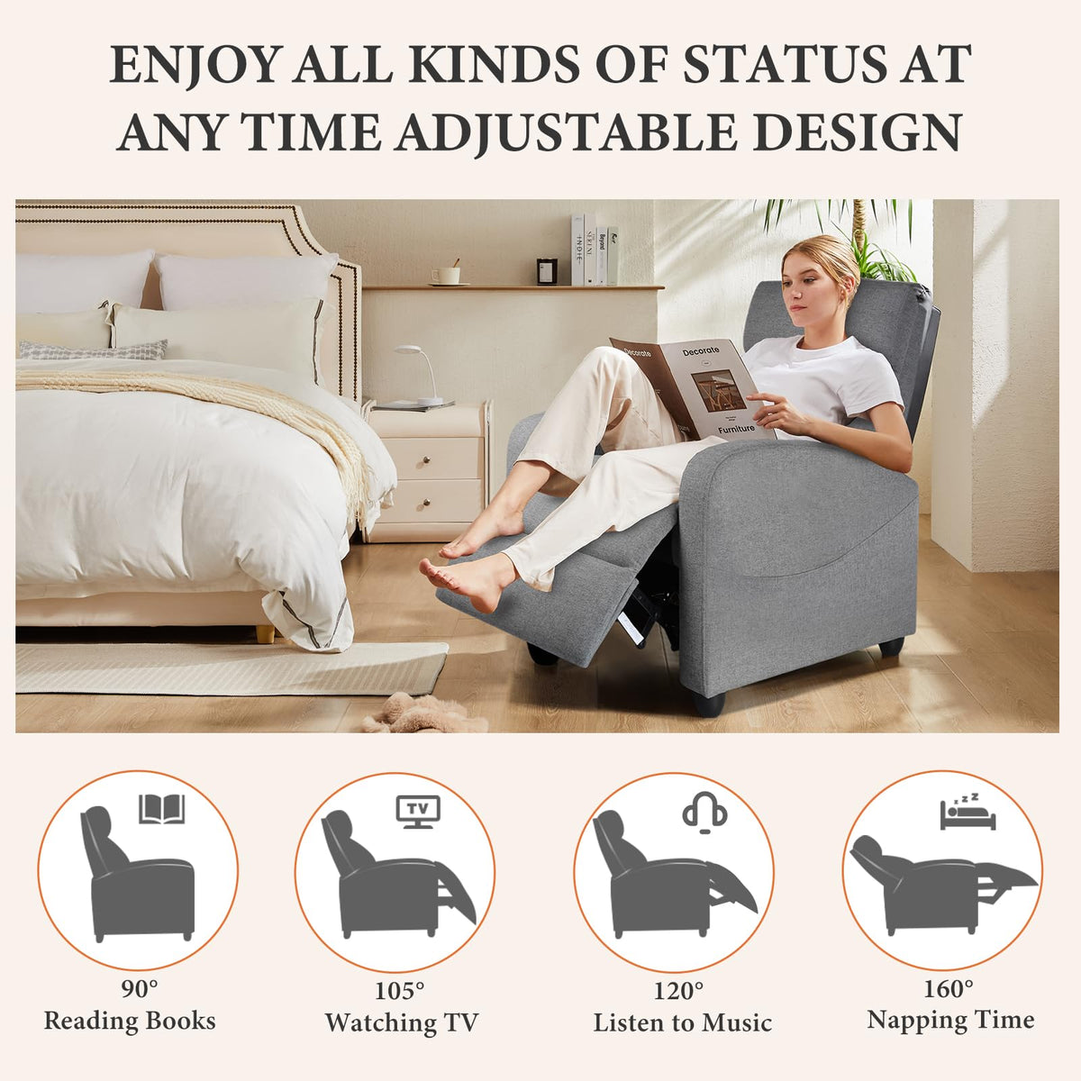 OLIXIS Recliner Chair, Reclining Sofa Chair with 3 Adjustable Angles