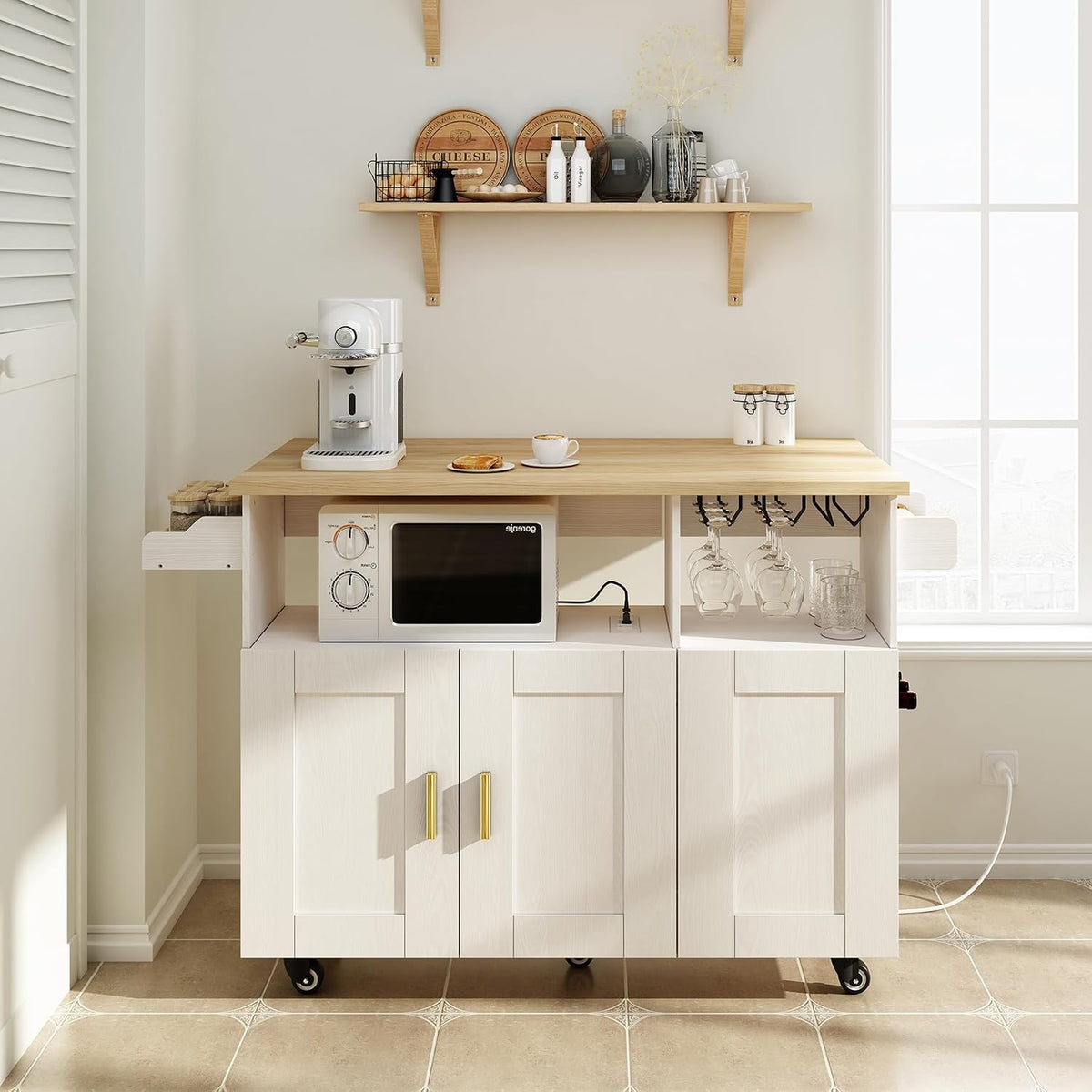 ASTRONAPE Rolling Kitchen Island Cart with Storage, Mobile Kitchen Island with Power Outlet, Large Wood Top, Drawers & Cabinets for Dining Room (White, Model 1)