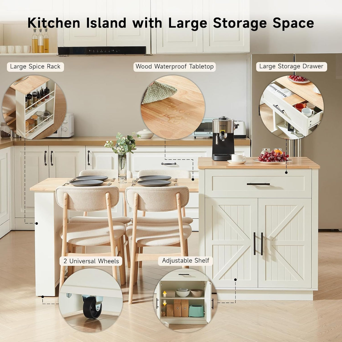 48"-76" Kitchen Islands with Extendable Dining Table, 2-4 People, White
