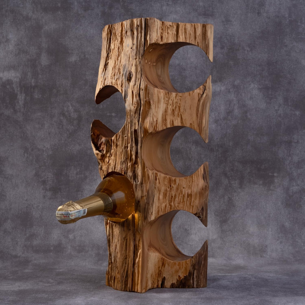 Solid Natural Vitex Pubescens Vahl Wood Wine Rack with Anti-Slip Pads â Rustic Single-Piece Freestanding Countertop Wine Holder â Securely Holds 5 Bottles Without Sliding â 20" x 9" x 7"