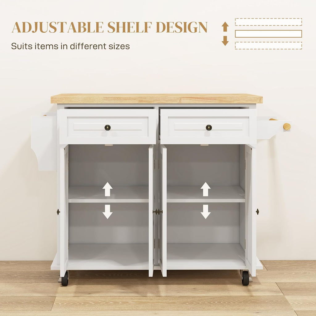 HOMCOM Kitchen Island Cart on Wheels with Solid Wood Top, 44" Cream White
