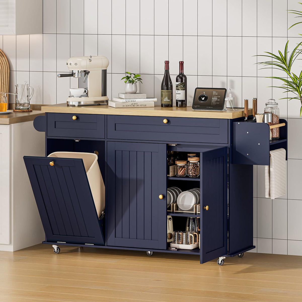 ONBRILL 60" Kitchen Island with Trash Can Storage, Rolling Island Table