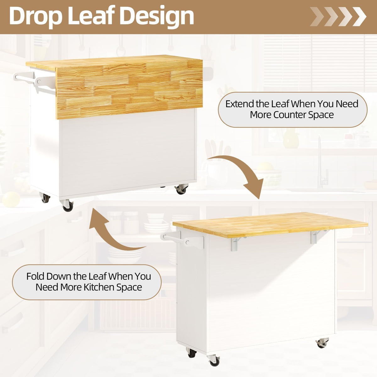 43" Kitchen Island on Wheels, Rolling Kitchen Island with Drop Leaf, Black