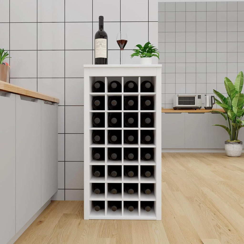 WERSMT 8-Tier Freestanding Wine Rack Wood, 32 Bottles Wine Rack Counter for Small Space, Farmhouse Stackable Modular Wine Bottle Holder Rack, White