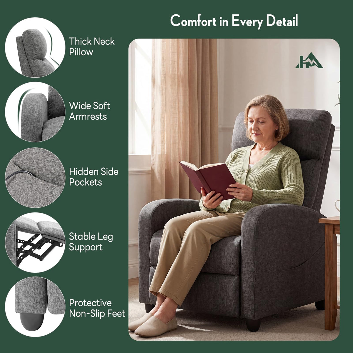 Massage Recliner Chair, Recliner Sofa Fabric for Adults, Recliners Home Theater Seating with Lumbar Support, Reclining Sofa Chair for Living Room, Ink