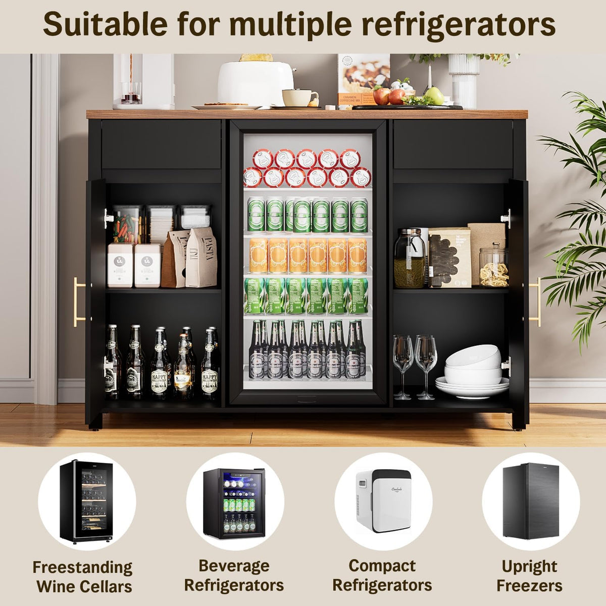 Tornivk 53" Large Coffee Bar Cabinet with Fridge Space, Black