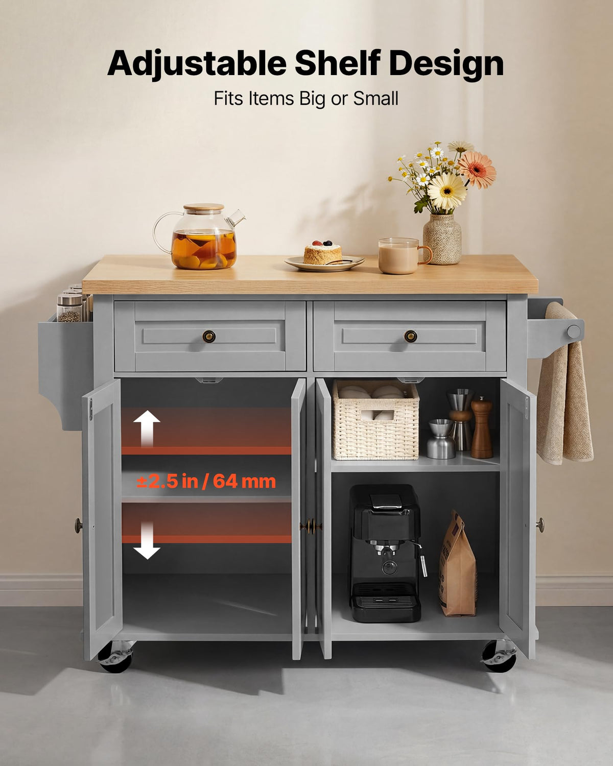 VEVOR Kitchen Island Cart with Storage, 43.58 in Wide Mobile Rolling Storage Island on Swivel Wheels, with 2 Drawers, Storage Cabinet, Drop Leaf, Spice/Towel Rack, Table for Home Dining Room, White