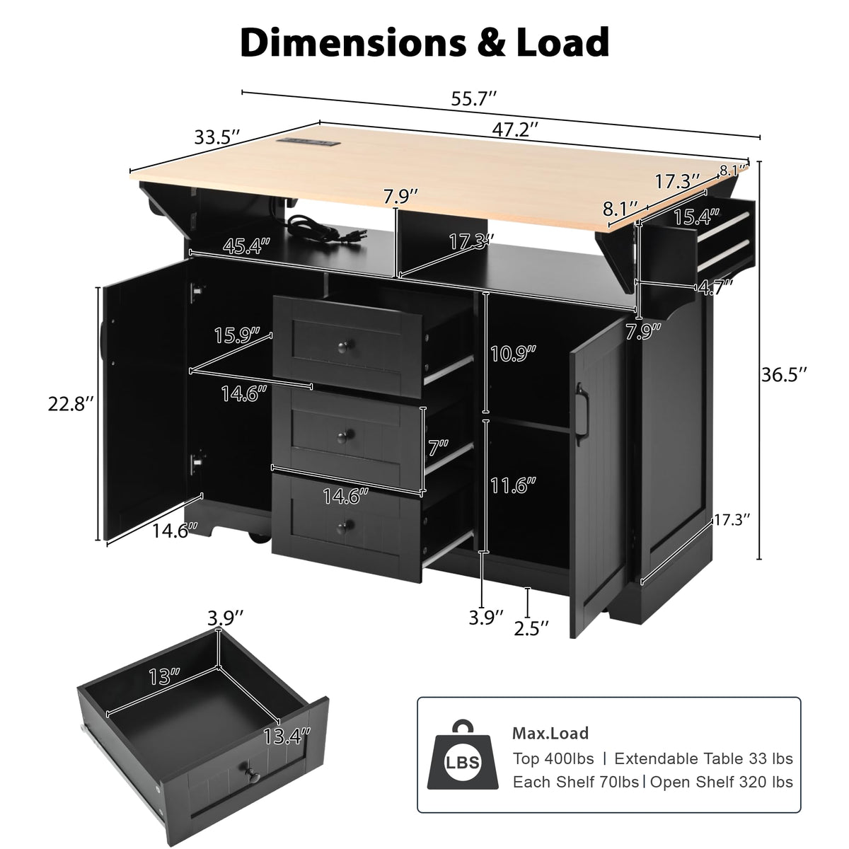 GDFStudio 55.7" Large Kitchen Island with 2 Drop Leaf,Rolling Kitchen Cart on 5 Wheels with Outlet, Folding Storage Dining Table with Spice & Towel Rack,3 Drawers,for Kitchen, Dining Room,White