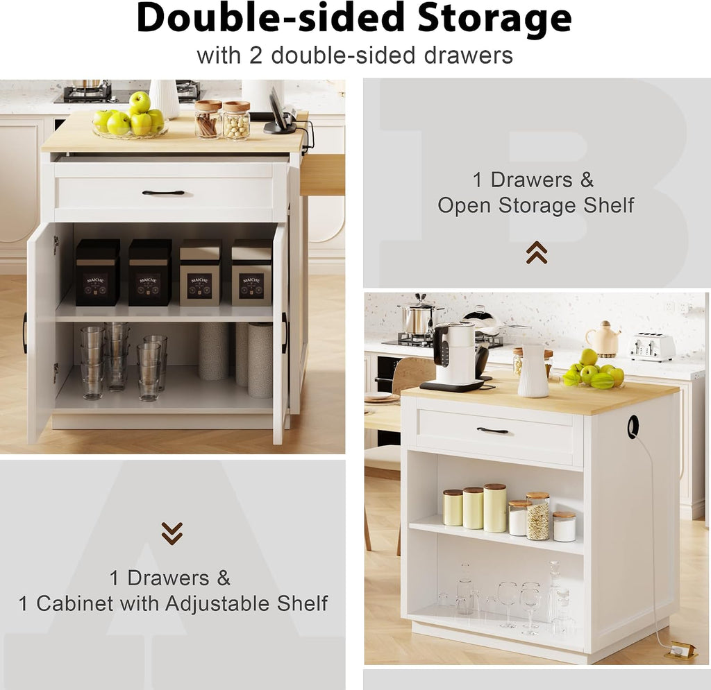 Ball & Cast Kitchen Island with Extendable Dining Table and Power Outlet,82.7" Rolling Kitchen Cart W/ 2 Drawers & 2 Side Open Shelves,Kitchen Table W/Double-Sized Storage,for Dining Room,White