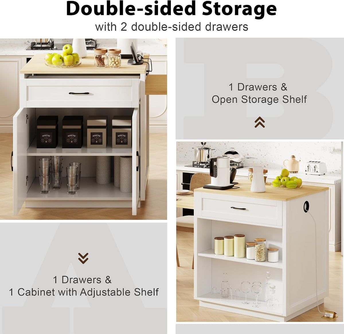 Ball & Cast Kitchen Island with Extendable Dining Table and Power Outlet,82.7" Rolling Kitchen Cart W/ 2 Drawers & 2 Side Open Shelves,Kitchen Table W/Double-Sized Storage,for Dining Room,White