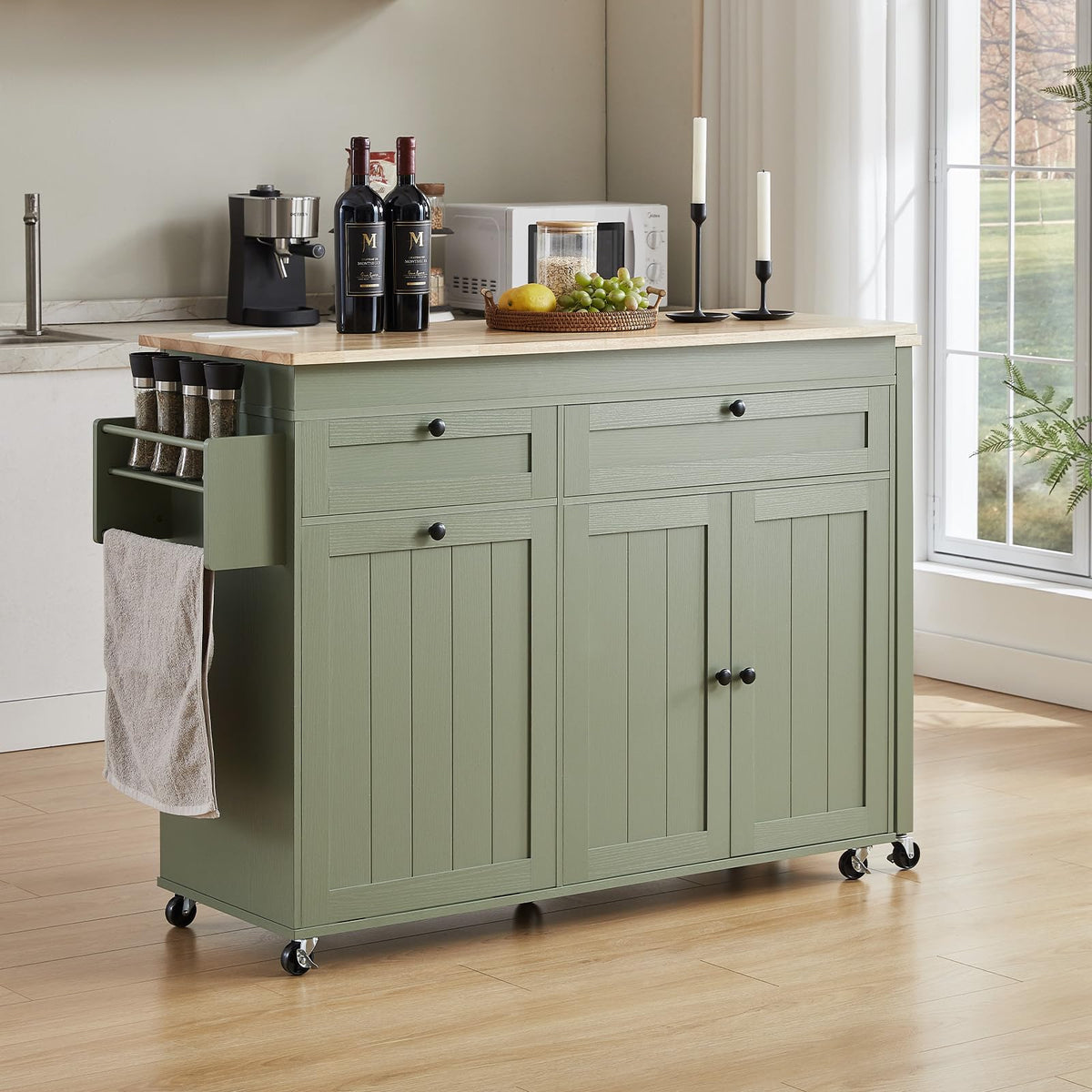Kitchen Islands with Extendable Dining Table, Mobile Storage Islands, White