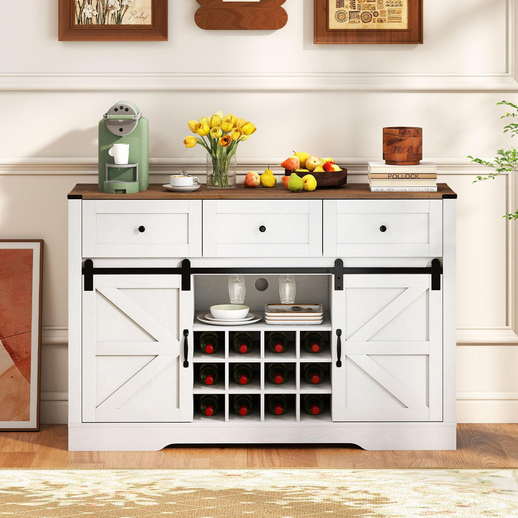 GIANTEX Wine Bar Cabinet with LED Lights, 52" Buffet Sideboard w/Sliding Barn Door, 3 Drawer, Adjustable Shelf, 12 Bottle Wine Rack & Glass Holder, Farmhouse Coffee Station for Living Room
