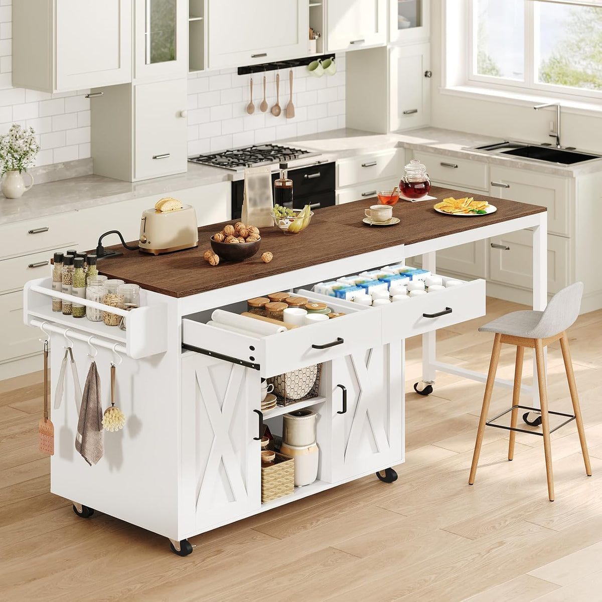 YATINEY Extendable Kitchen Island, Large Mobile Kitchen Storage Island, Rolling Kitchen Cart with Outlets, Island Table for Kitchen, White ZD03UWH