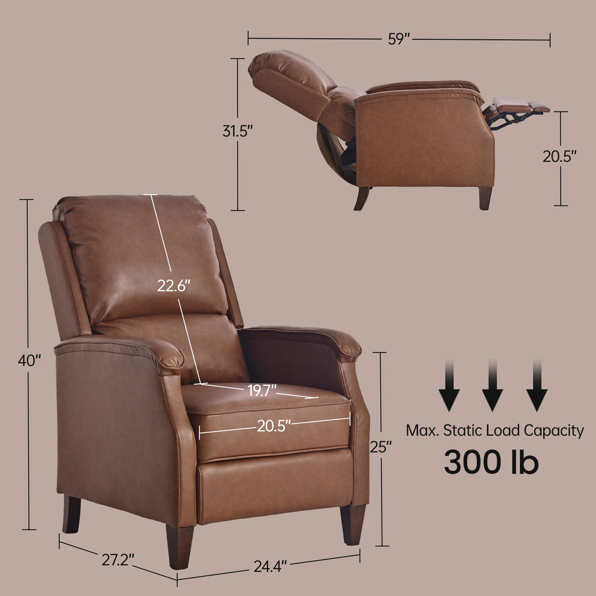 VKNOW Recliner Chair, Fabric Recliner with Adjustable Back, Brown