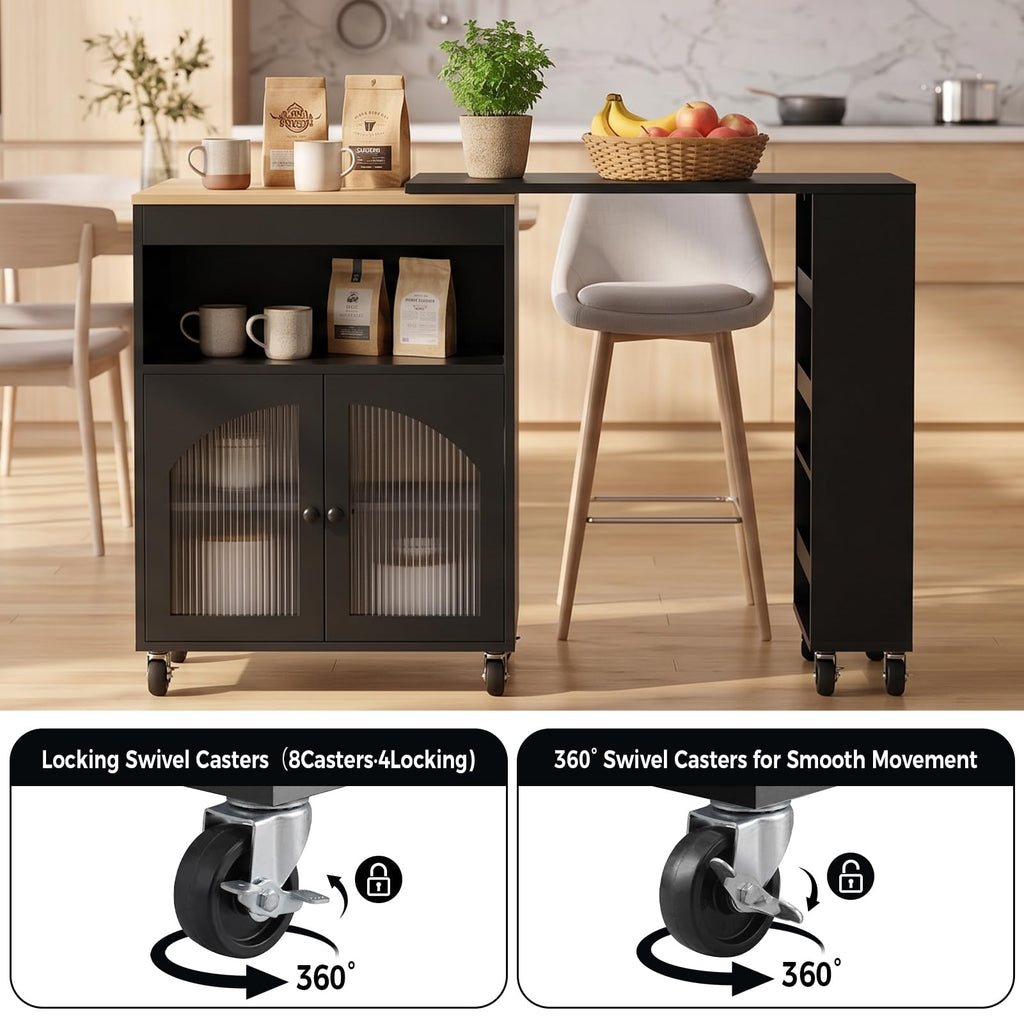 Rolling Kitchen Island with 360Â° Swivel Dining Table 71"-39" Extendable