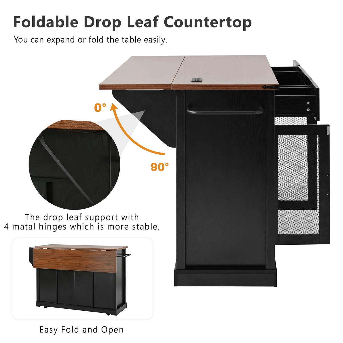53" Large Kitchen Island with Drop Leaf & Power Outlet, Rolling Kitchen Cart on 5 Wheels with Internal Door Storage Rack, 5 Open Side Racks, 3 Drawers, 2 Doors for Kitchen Dining Room