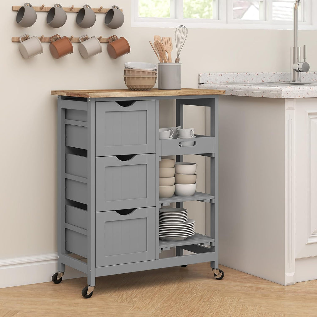 HOMCOM Rolling Kitchen Island Cart with Wood Top, Shelves & Drawers, Gray