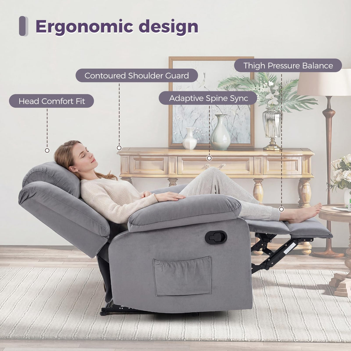 ANJ Manual Recliner Chair for Adults, Velvet Reclining Chair with Padded Arms and Overstuffed Backrest, Single Recliner Sofa for Living Room, Dark Brown