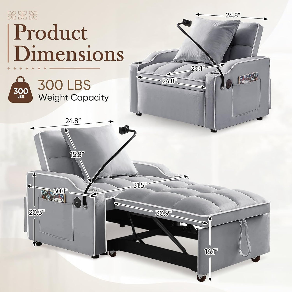 Convertible Single Sleeper Chair Bed,3 in 1 Velvet Futon Sleeper Sofa Bed with Phone Holder&USB Ports,Pull Out Couch Bed,Adjustable Recliner Armchair bed for Living Room,Office,Small Places(Grey)