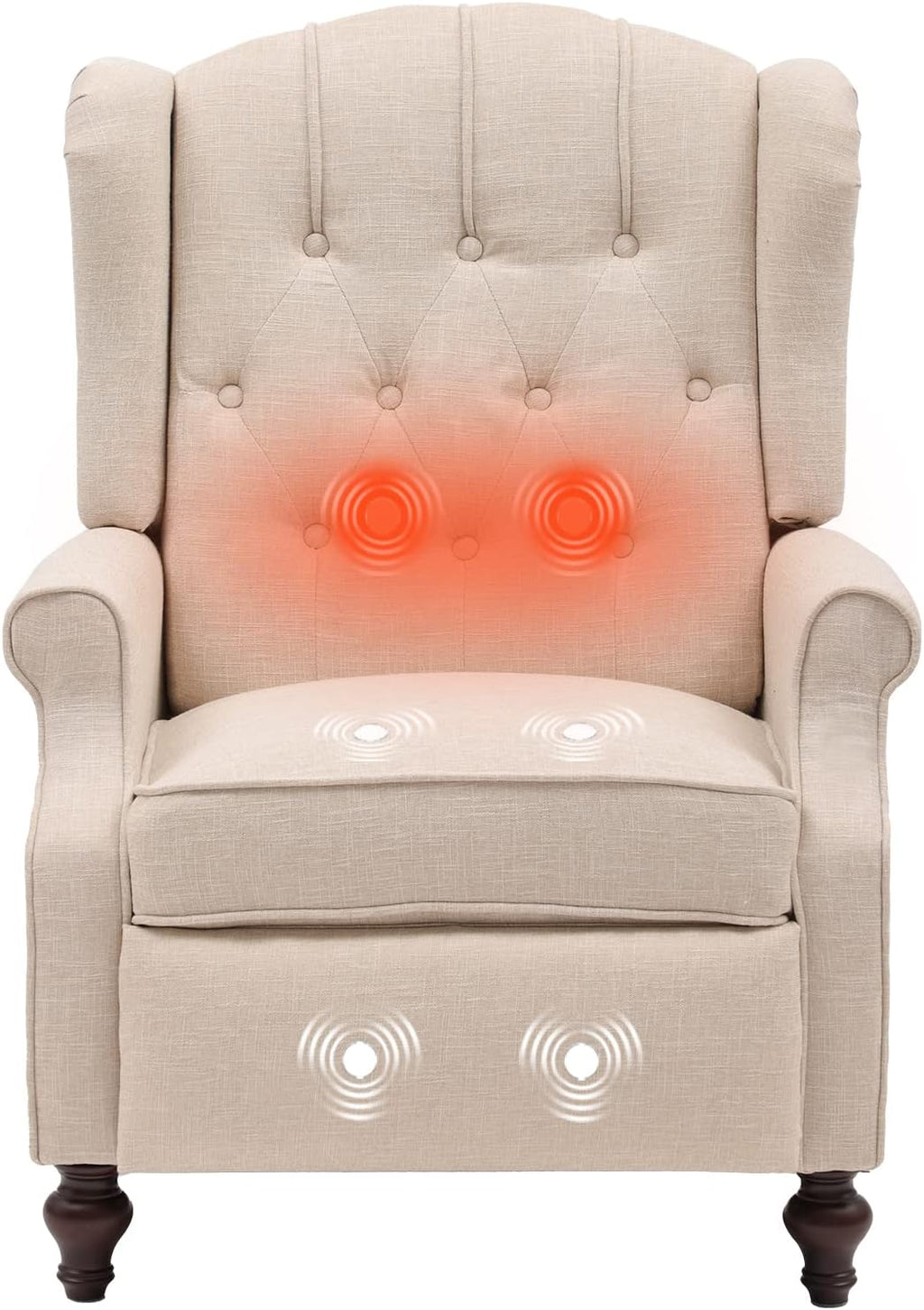IPKIG Wingback Pushback Recliner Chair - Mid Century Recliner Armchair with Massage and Heat, Rivet Decoration, Button-Tufted Back, Solid Wood Legs for Living Room, Bedroom, Office(Beige)
