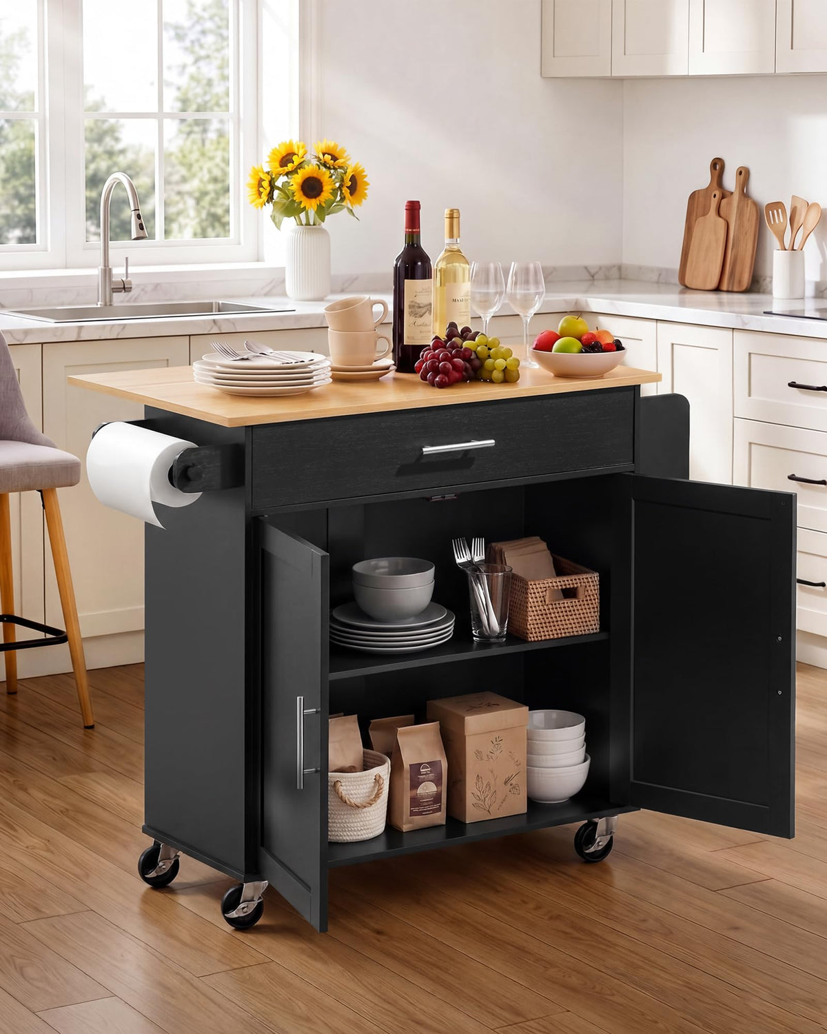 VEVOR Kitchen Island Cart with Storage, 42.28 in Wide Mobile Rolling Storage Island on Swivel Wheels, with Drawer, Storage Cabinet, Drop Leaf, Spice Rack, Table for Home Dining Room, White