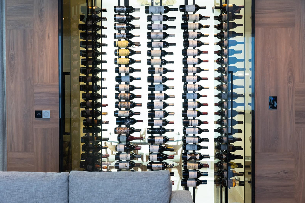Ultra Wine Racks Floor-to-Ceiling Mount Display (1 Side, Double Deep, Black, Holds 42 Wine Bottles) - Modern Metal Wine Storage for Wine Cellars, Home Bars, Kitchens, and Dining Rooms