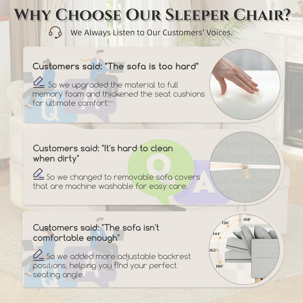 YODOLLA Sleeper Chair Pull Out Bed, Chair Bed Sleeper for Adults, Beige