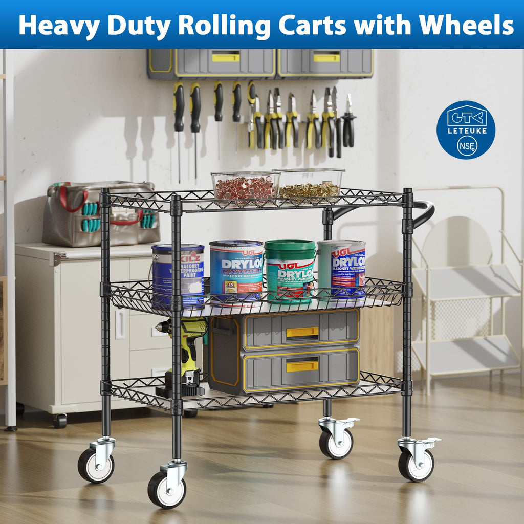 Leteuke 3 Tier Rolling Carts with Wheels, Heavy Duty Rolling Utility Cart