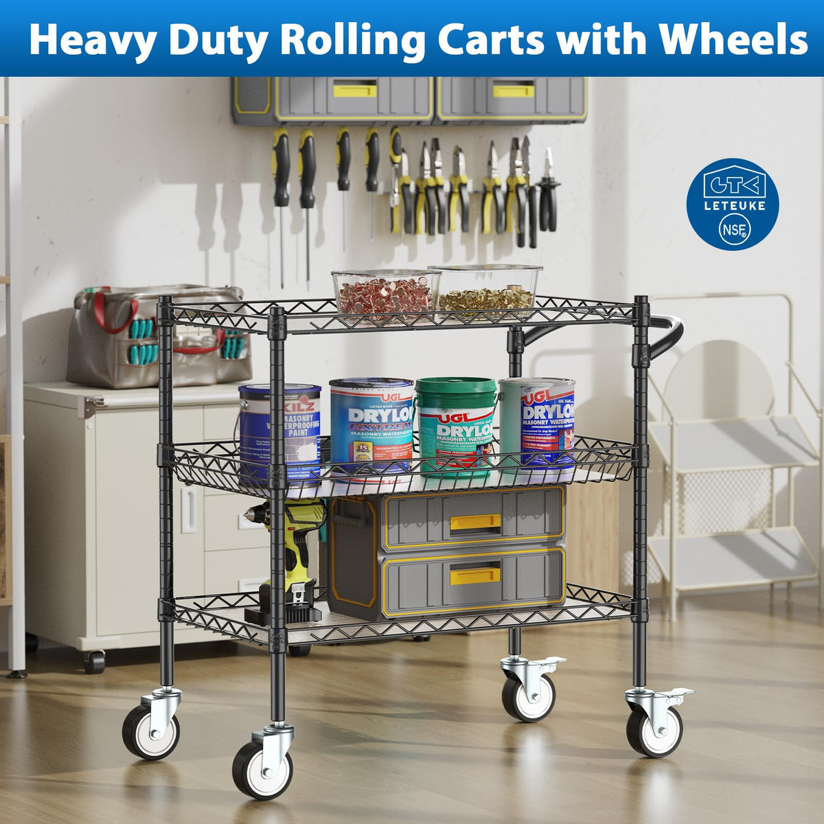 Leteuke 3 Tier Rolling Carts with Wheels, Heavy Duty Rolling Utility Cart