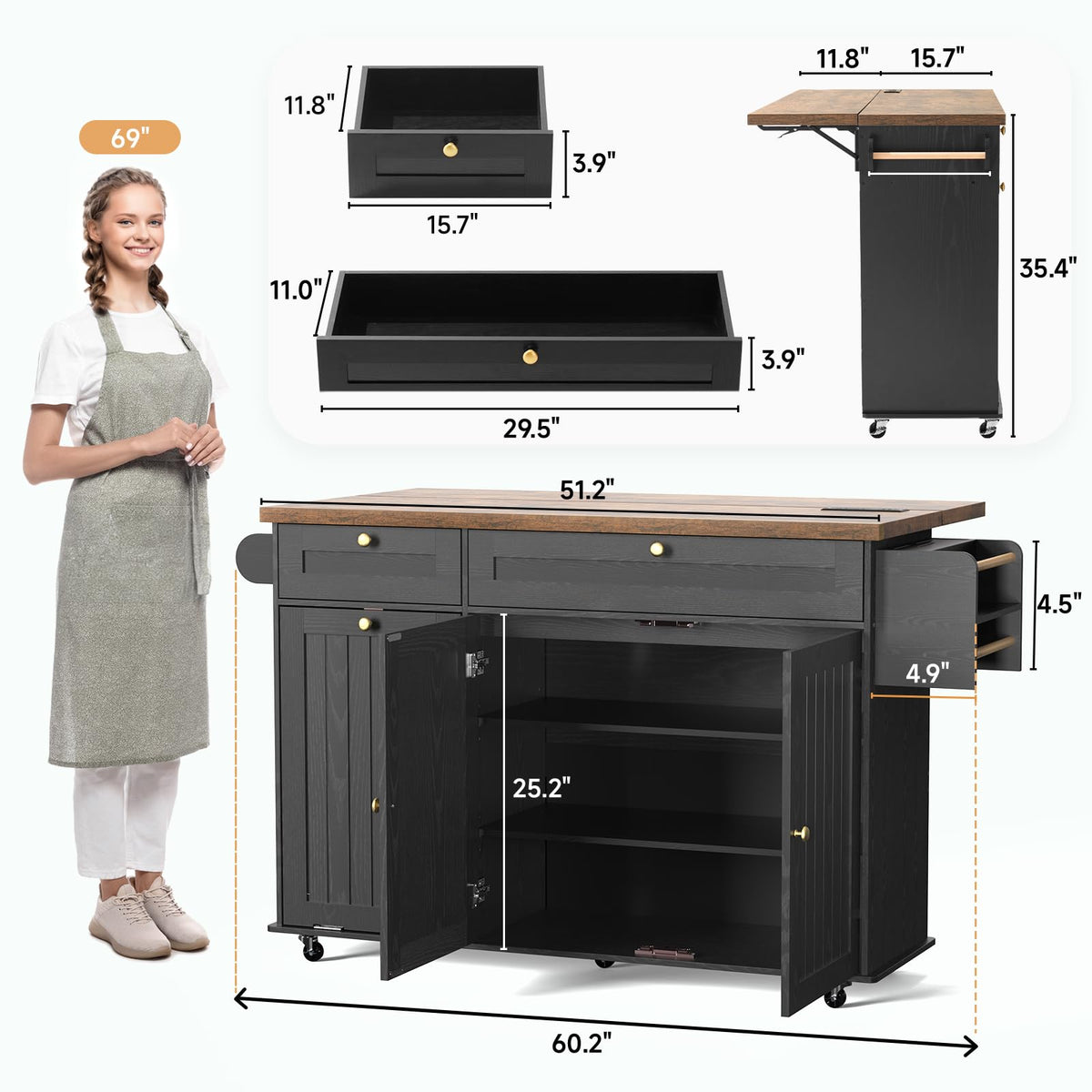 ONBRILL 60" Kitchen Island with Trash Can Storage, Rolling Island Table