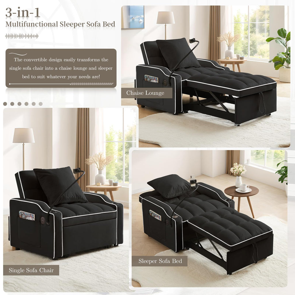 Convertible Single Sleeper Chair Bed,3 in 1 Velvet Futon Sleeper Sofa Bed with Phone Holder&USB Ports,Pull Out Couch Bed,Adjustable Recliner Armchair bed for Living Room,Office,Small Places(Grey)