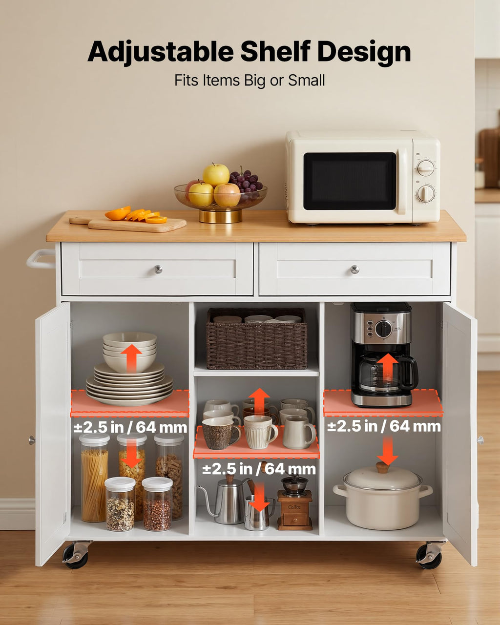 VEVOR Kitchen Island Cart with Storage, 42.28 in Wide Mobile Rolling Storage Island on Swivel Wheels, with Drawer, Storage Cabinet, Drop Leaf, Spice Rack, Table for Home Dining Room, White