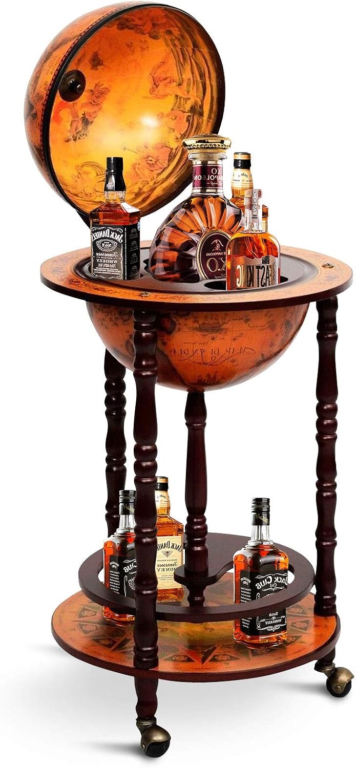 HAPPYGRILL Globe Bar, 17.5â Wine Bar Stand Italian Wooden Globe Wine Cart Liquor Bottle Shelf, 16th Century Retro Wine Cupboard with Wheels for Dining Room Living Room, Retro Brown