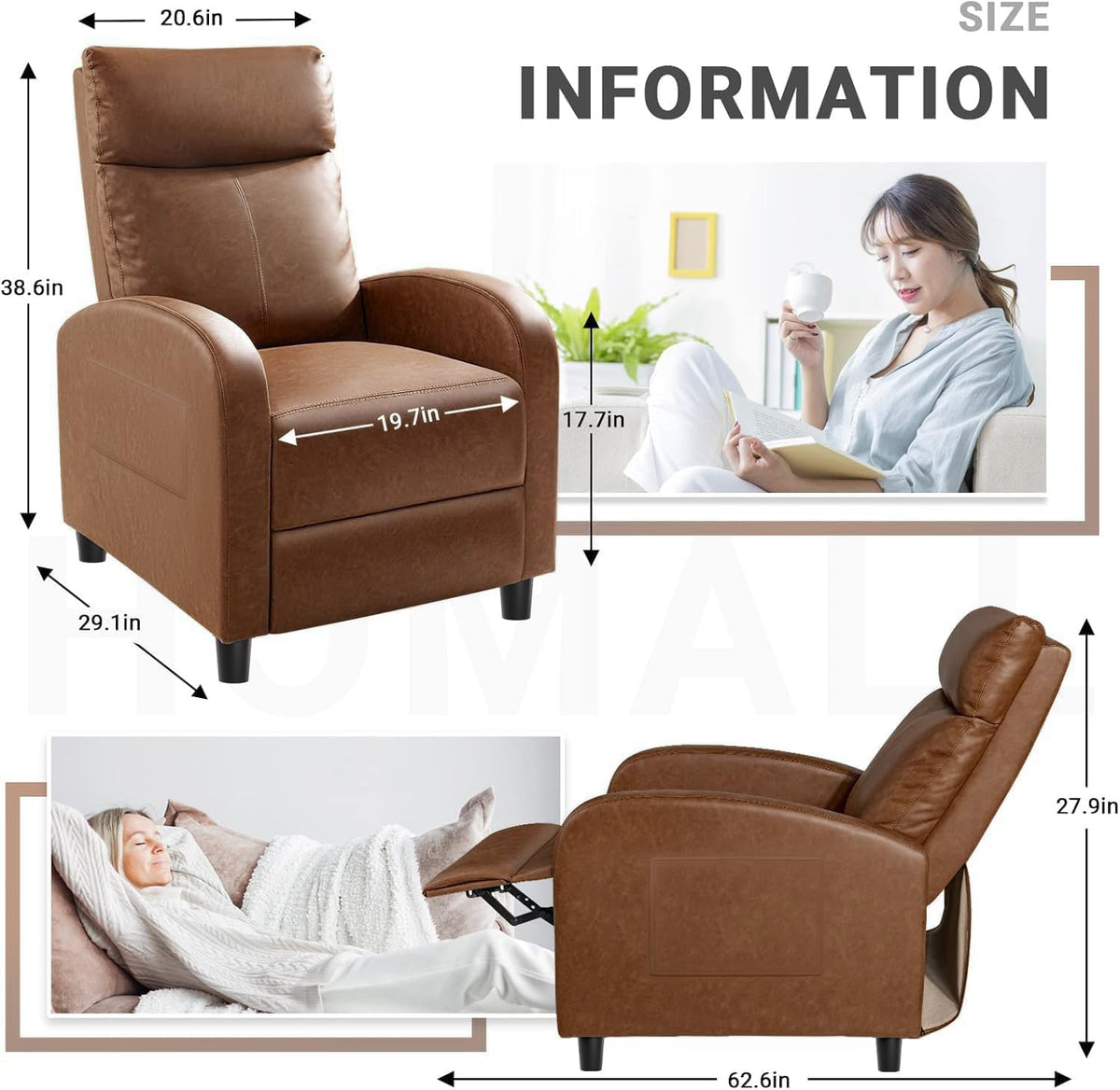 Homall Recliner Chair, Recliner Sofa PU Leather for Adults, Black Recliners