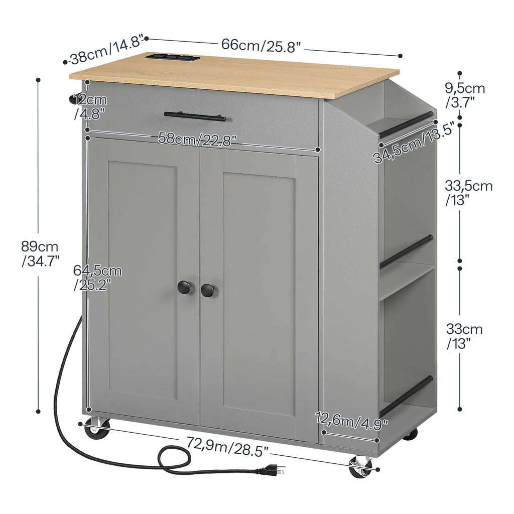 HOOBRO Kitchen Island with Power Outlet, Storage Island with Spice Rack and Drawer, Rolling Kitchen Cart on Wheels, for Home, Dining Room, Rustic Brown and Black