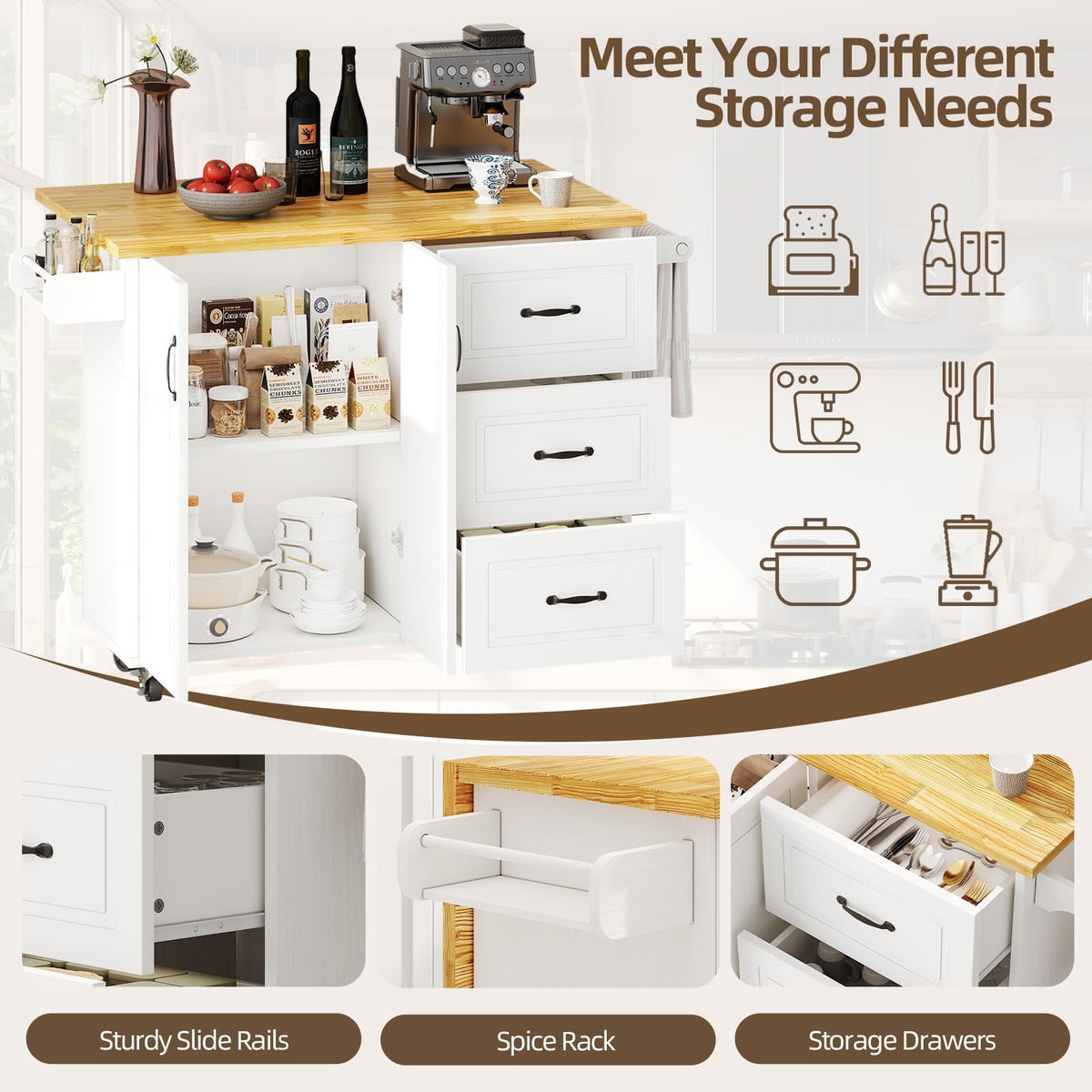 43" Kitchen Island on Wheels, Rolling Kitchen Island with Drop Leaf, Black