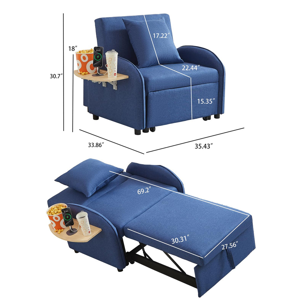 Convertible Single Sleeper Chair Bed,3 in 1 Velvet Futon Sleeper Sofa Bed with Phone Holder&USB Ports,Pull Out Couch Bed,Adjustable Recliner Armchair bed for Living Room,Office,Small Places(Grey)