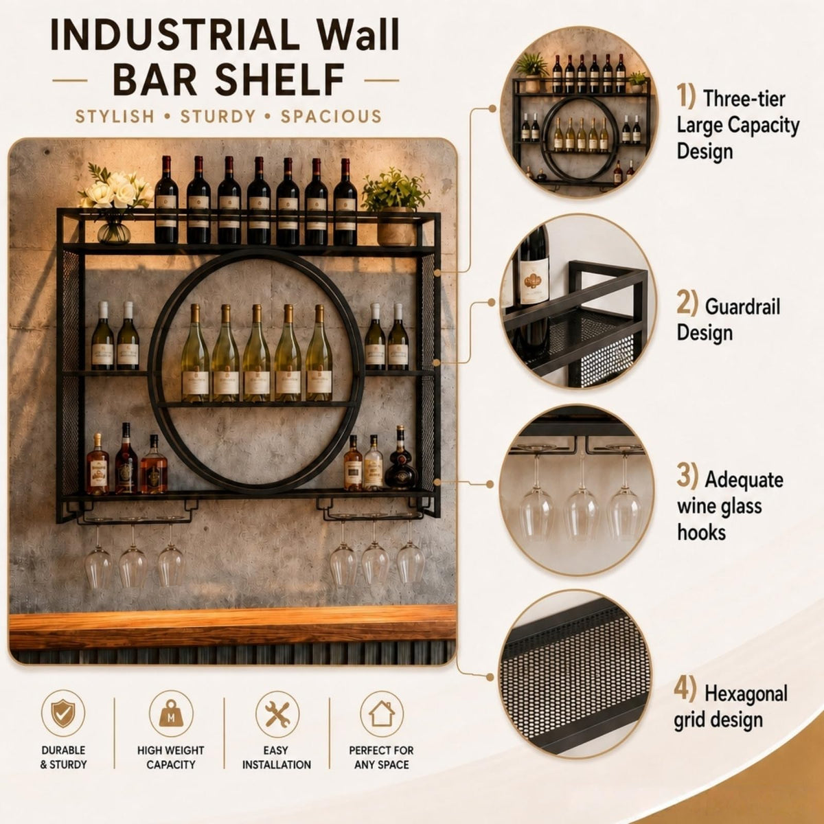 39" Upgrade Metal Wall Mounted Wine Rack, 3-Tier Large Capacity Hanging Bar Shelf, Modern Liquor Wall Shelves for Home & Dining, Gold