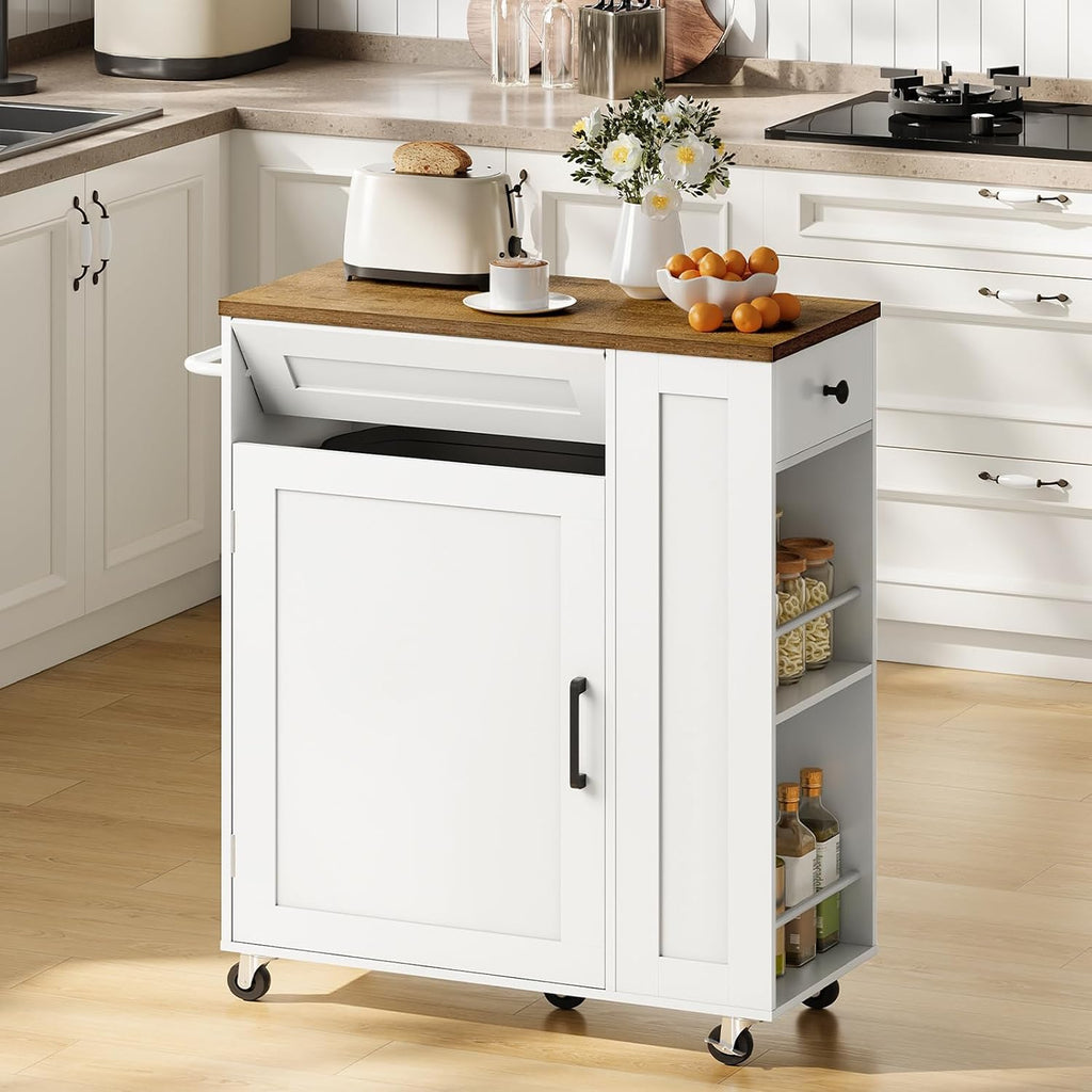 CHOEZON Kitchen Island Cart with Storage, Kitchen Cabinet, Mobile Kitchen Island, Storage Trolley for Kitchen with Hidden Trash Bin Cabinet, for Dining Room, White and Walnut MZD06WL
