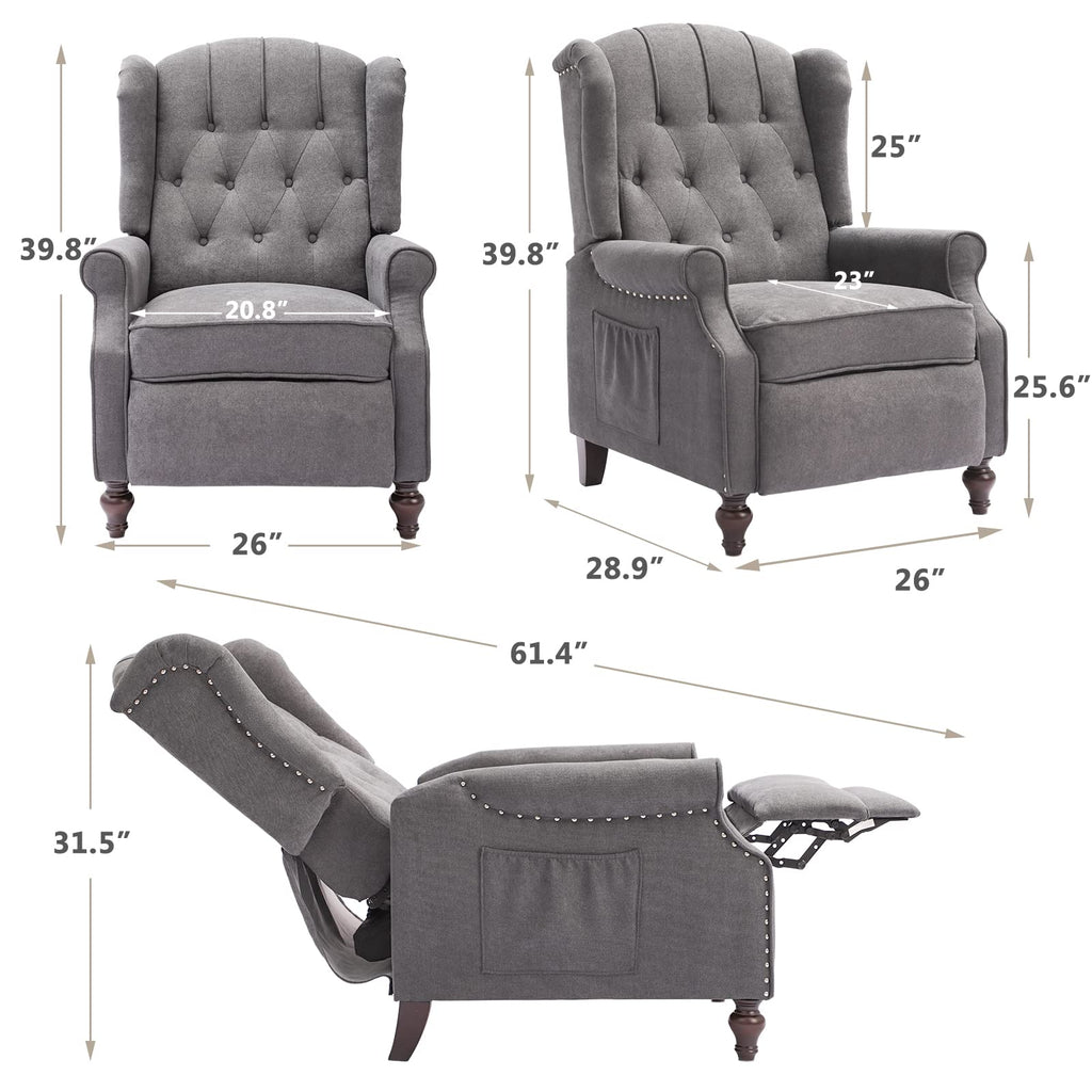 IPKIG Wingback Pushback Recliner Chair - Mid Century Recliner Armchair with Massage and Heat, Rivet Decoration, Button-Tufted Back, Solid Wood Legs for Living Room, Bedroom, Office(Beige)