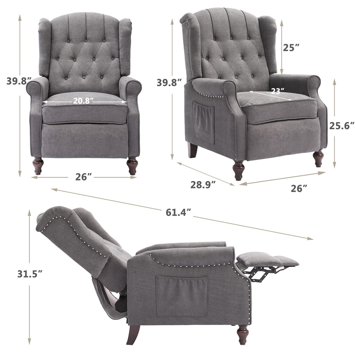 IPKIG Wingback Pushback Recliner Chair - Mid Century Recliner Armchair with Massage and Heat, Rivet Decoration, Button-Tufted Back, Solid Wood Legs for Living Room, Bedroom, Office(Beige)