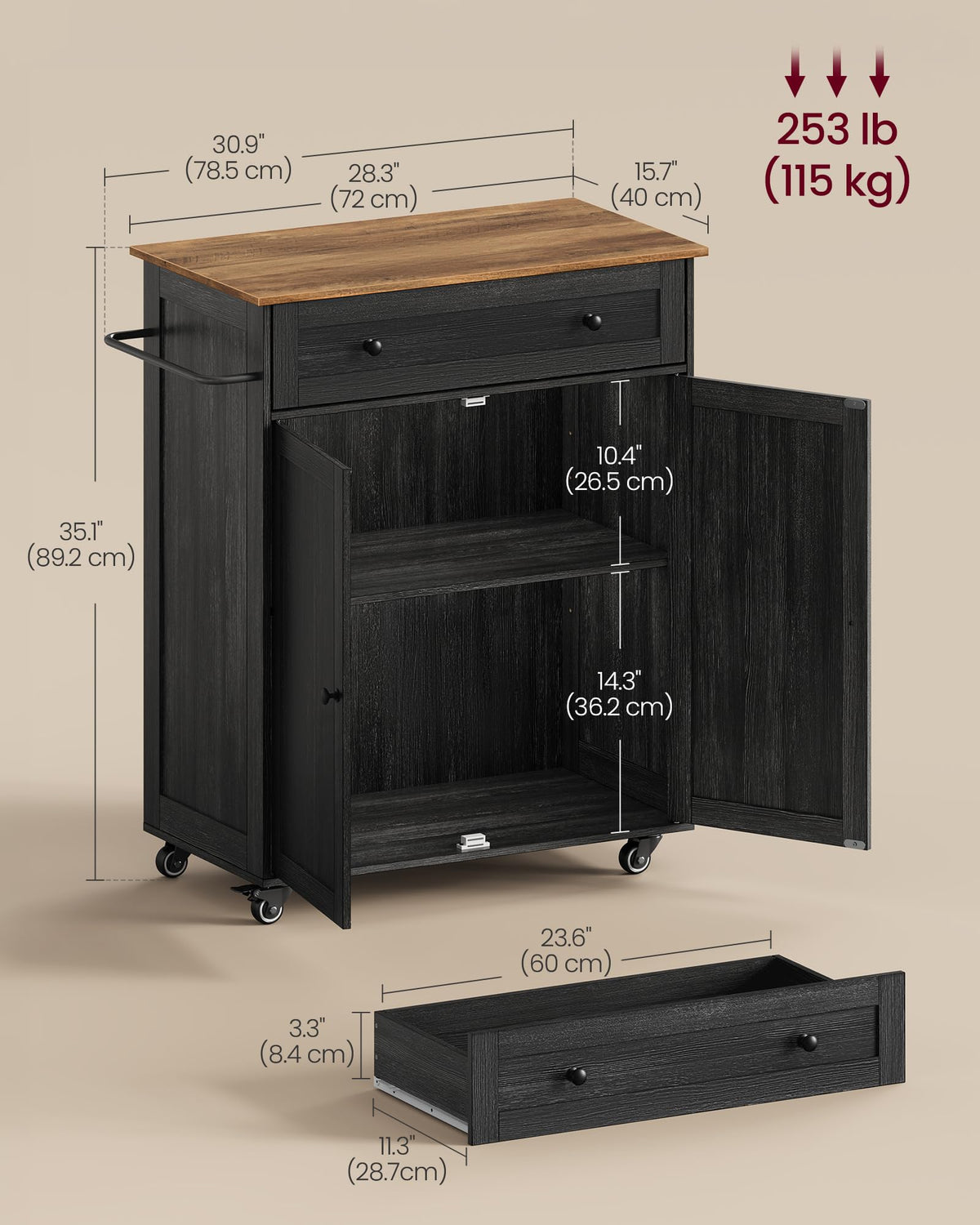 VASAGLE Mobile Kitchen Wooden Island Cart with Storage for Dining Room
