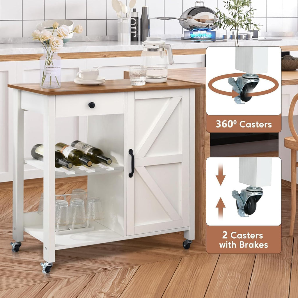 Small Kitchen Island Cart on Wheels with 31.4'' Wood Tabletop, White