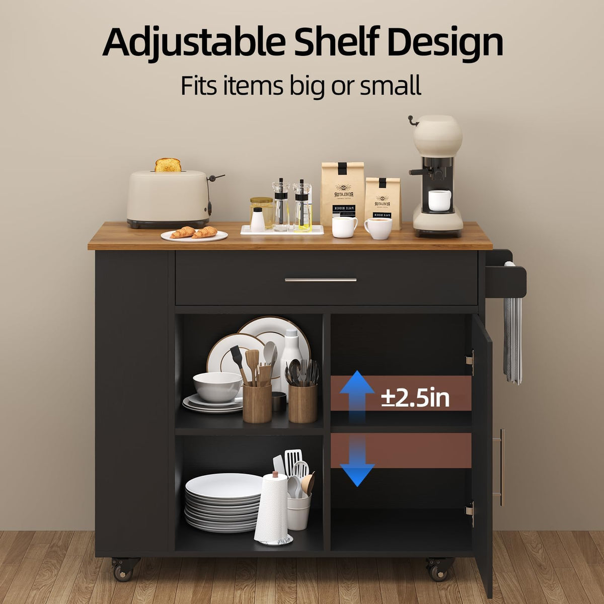39'' Kitchen Island with Storage, Rolling Kitchen Island on Wheels, Grey