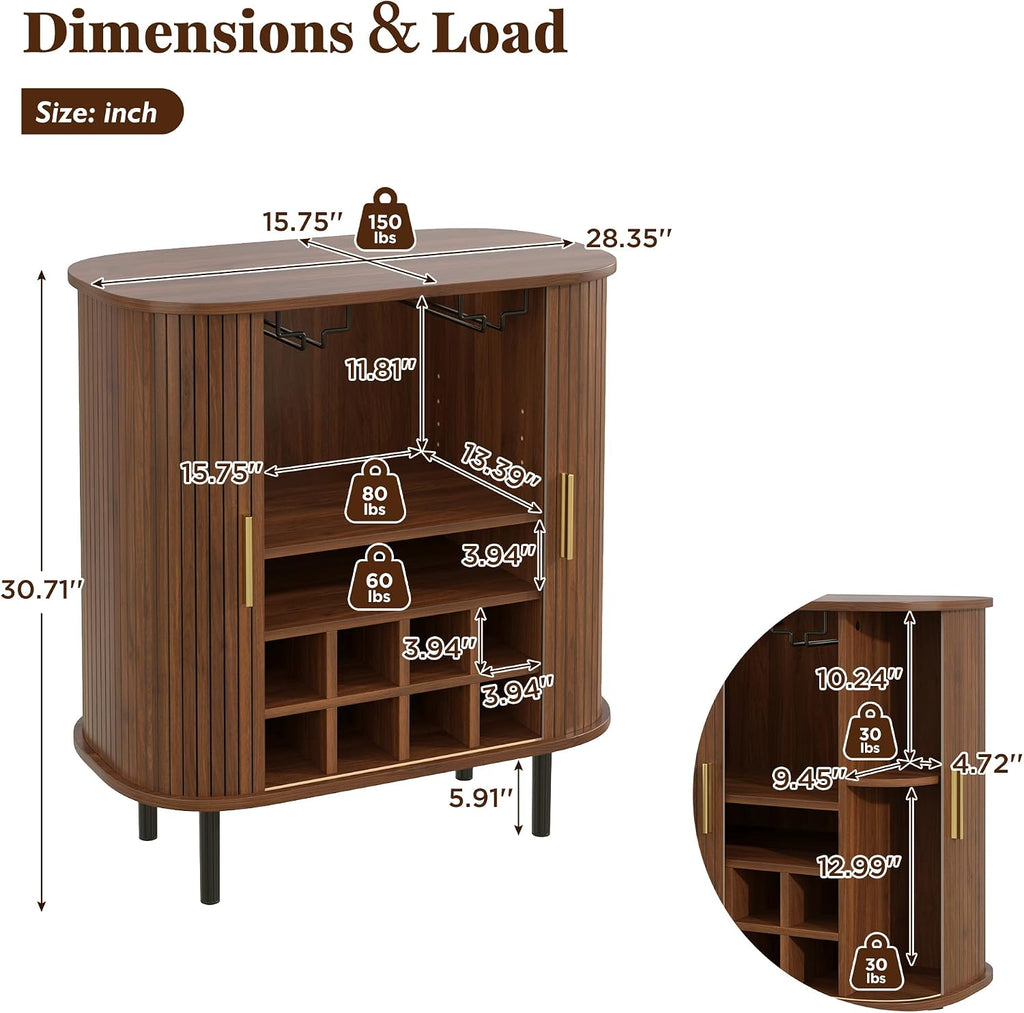 28" Fluted Wine Bar Cabinet with Storage, Modern Liquor Cabinets, Walnut