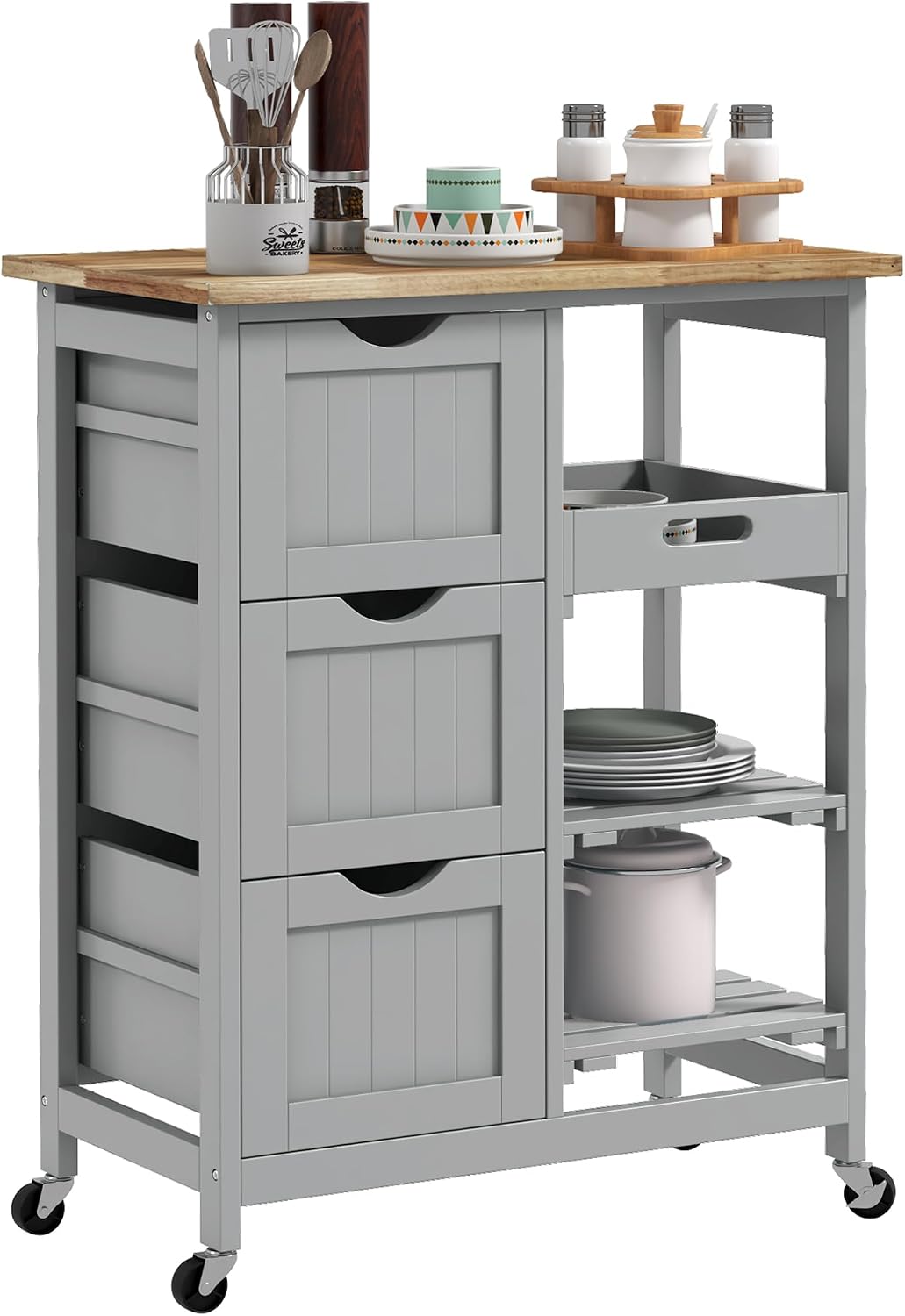 HOMCOM Rolling Kitchen Island Cart with Wood Top, Shelves & Drawers, Gray