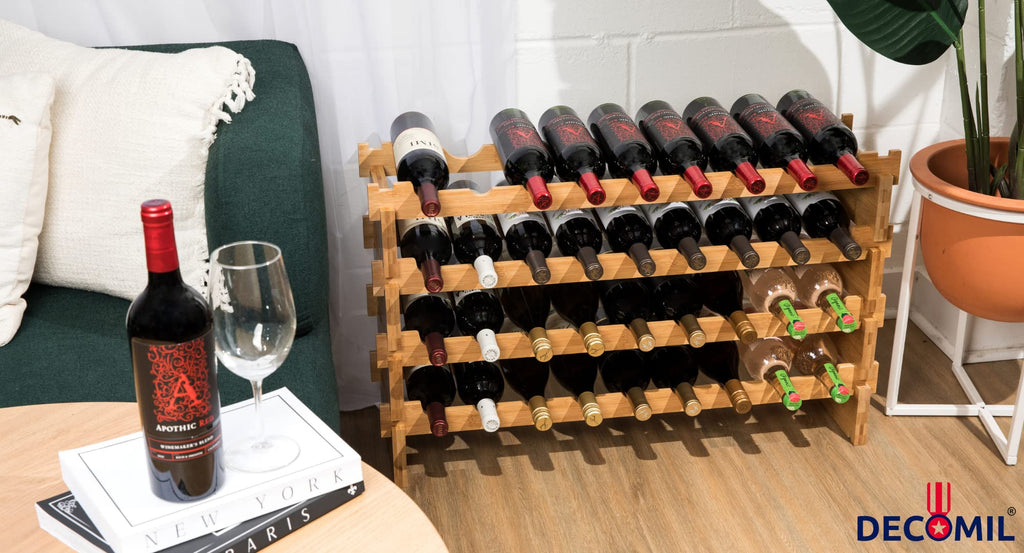 DECOMIL - 72 Bottle Stackable Modular Wine Rack Wine Storage Rack Solid Bamboo Wine Holder Display Shelves, Wobble-Free (Eight-Tier, 72 Bottle Capacity)