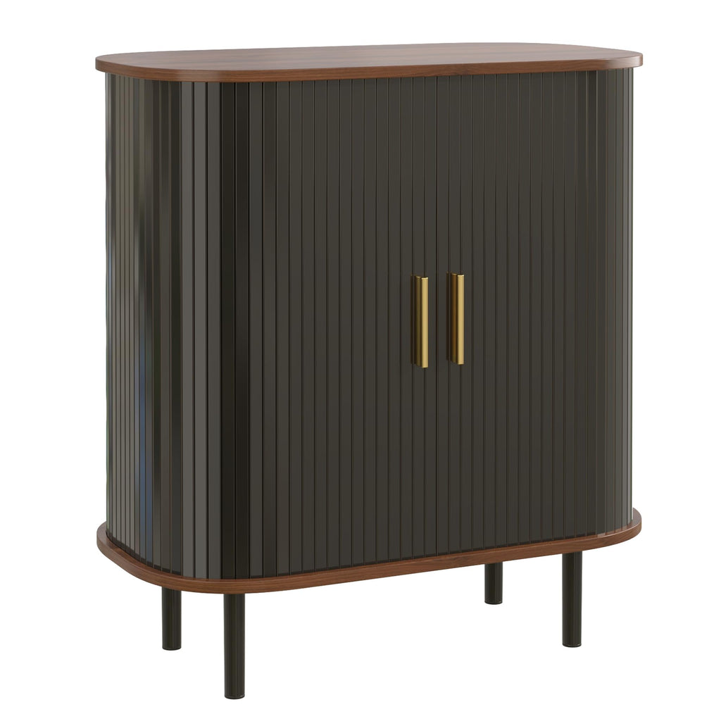 Natural Wine & Coffee Bar Cabinet with Gold Handle & Sliding Tambour Doors,Modern Curved Liquor Cabinet Coffee Station with 8*Wine Rack & 2*Glass Holders,5-Level Adjustable Shelf & Side Hidden Storage