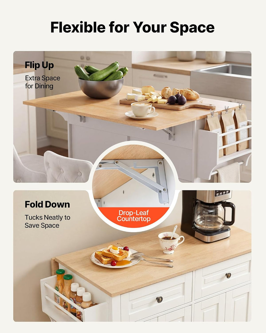 VEVOR Kitchen Island Cart with Storage, 43.58 in Wide Mobile Rolling Storage Island on Swivel Wheels, with 2 Drawers, Storage Cabinet, Drop Leaf, Spice/Towel Rack, Table for Home Dining Room, White