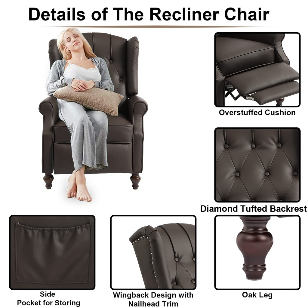IPKIG Wingback Pushback Recliner Chair - Mid Century Recliner Armchair with Massage and Heat, Rivet Decoration, Button-Tufted Back, Solid Wood Legs for Living Room, Bedroom, Office(Beige)
